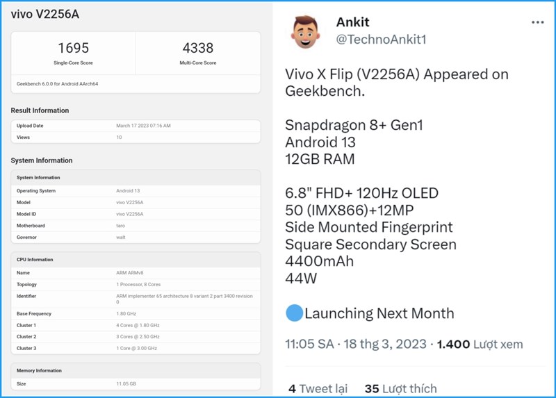 Vivo X Flip (V2256A) lộ cấu hình Vivo X Flip (V2256A) lộ cấu hình