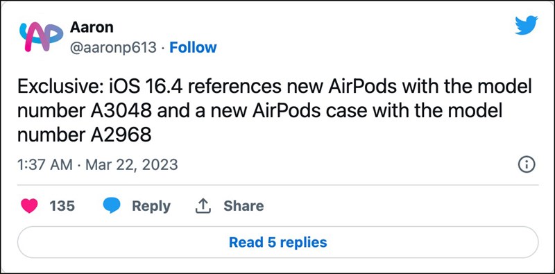 Bài tweet của lập trình viên phát hiện ra mẫu Airpods mới trong bản iOS 16.4 beta