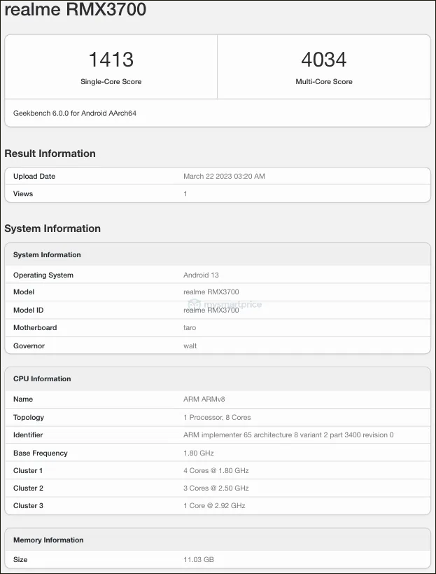 Sản phẩm cũng đã lộ điểm trên trang Geekbench, cho thấy sức mạnh cấu hình đáng nể (Ảnh: Mysmartprice) Sản phẩm cũng đã lộ điểm trên trang Geekbench, cho thấy sức mạnh cấu hình đáng nể (Ảnh: Mysmartprice)