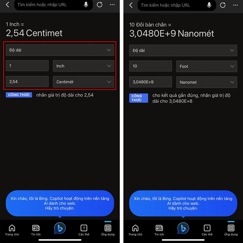 Cách chuyển đổi đơn vị nhanh trên Bing AI iOS
