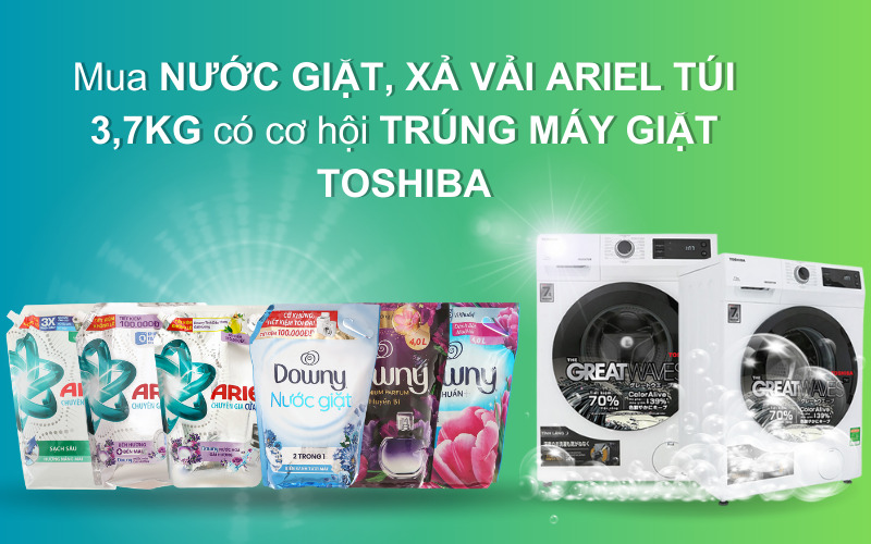 Mua nước giặt, nước xả vải Ariel túi 3,7kg trúng máy giặt Toshiba