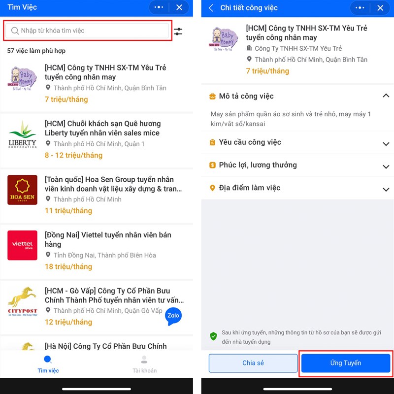 Cách tìm việc trên Zalo