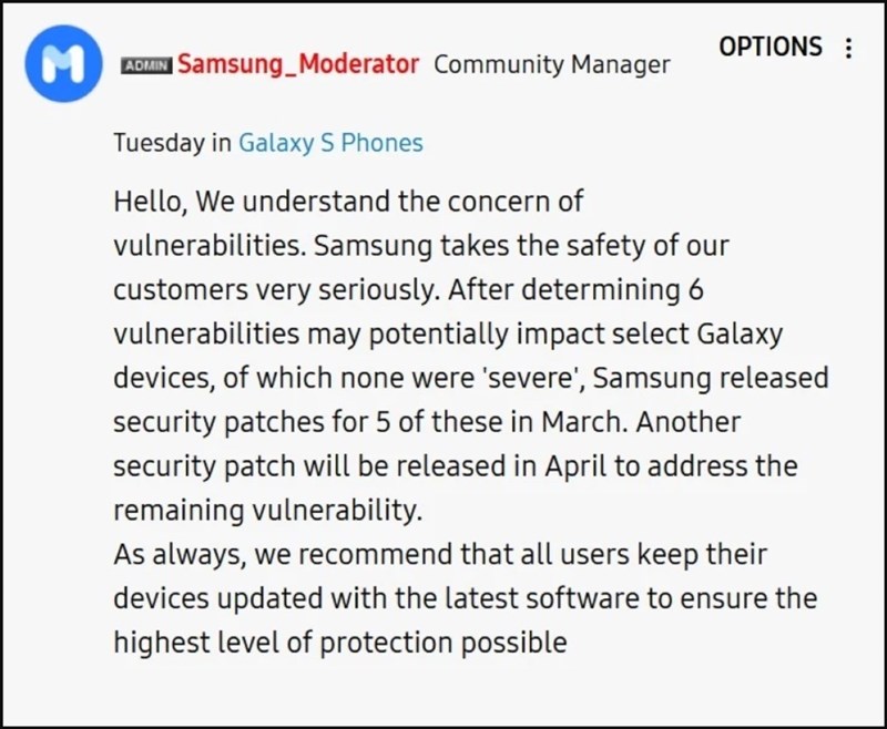 Bài đăng của một admin trên trang cộng đồng Samsung