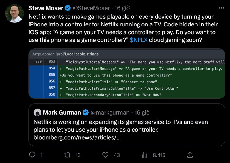 Bài Tweet của Steve Moser hé lộ khả năng chơi game Netflix TV bằng iPhone