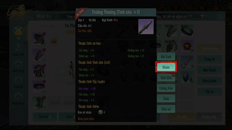 Cách khảm bảo thạch cho đồ trong Kiếm Thế Origin