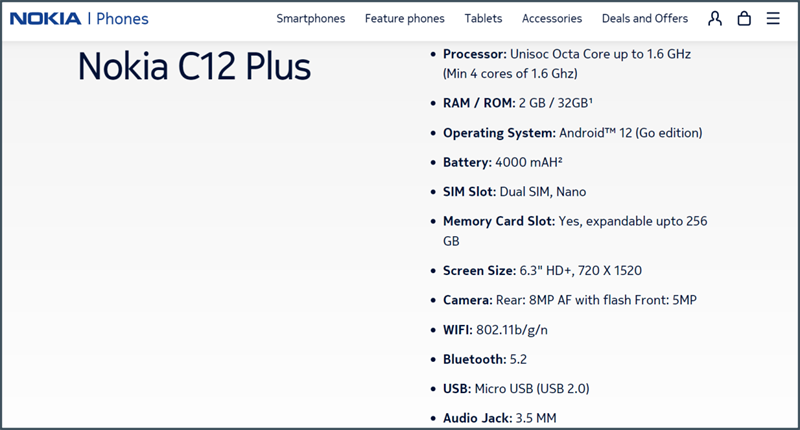 Thông số kỹ thuật của Nokia C12 Plus được liệt kê trên trang Nokia Ấn Độ