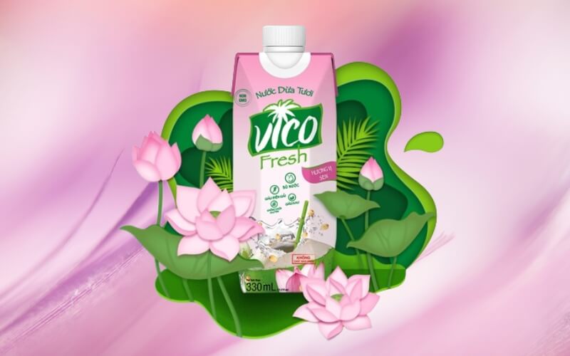 Nước dừa Vico Fresh hương vị sen hồng được đóng trong hộp giấy màu hồng phấn