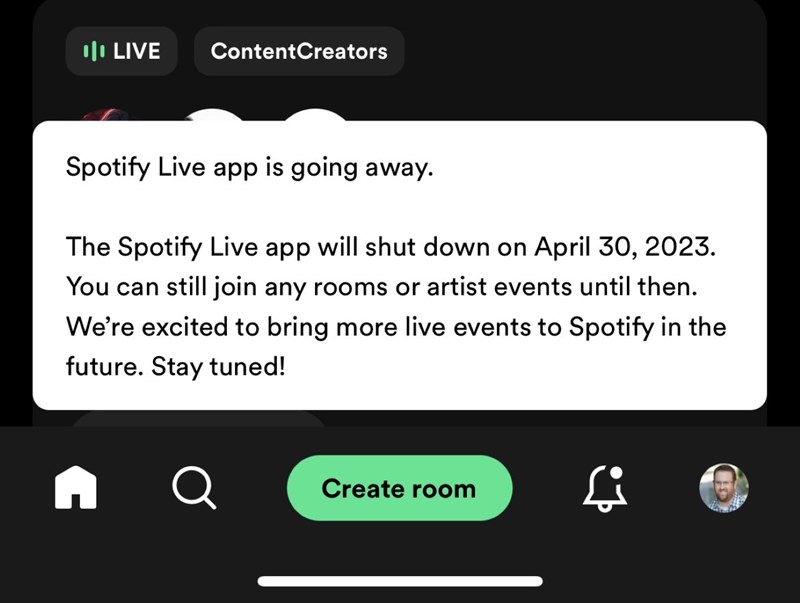 Thông báo đóng cửa Spotify Live cùng lời hứa hẹn rằng công ty sẽ mang âm thanh trực tiếp lên Spotify