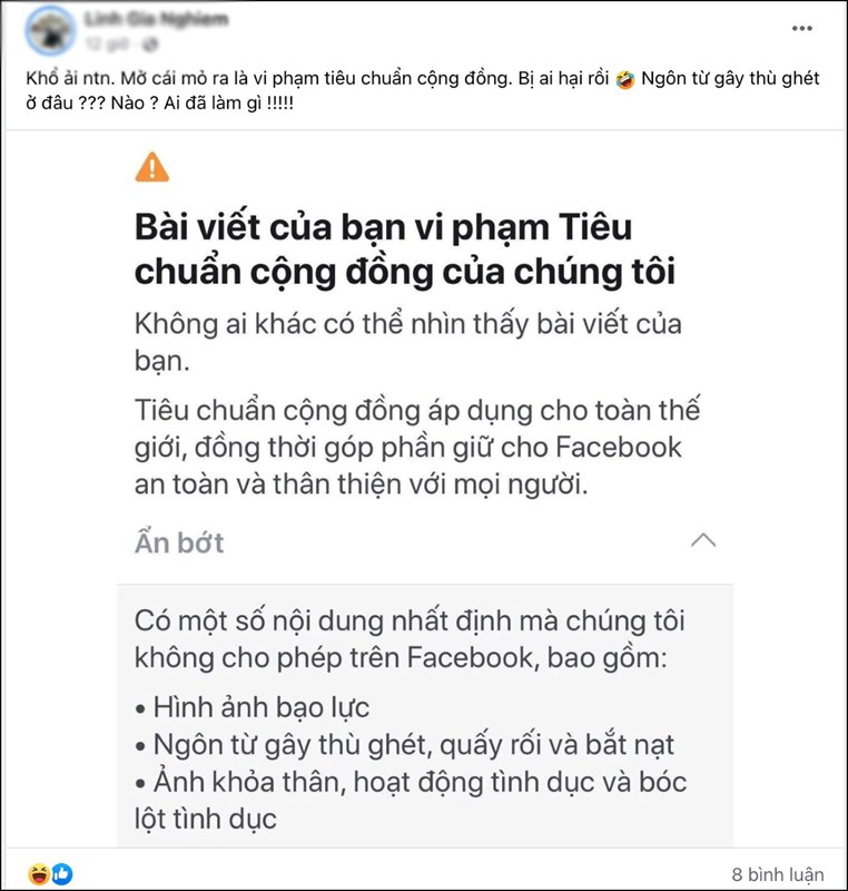 Admin đăng trạng thái trên trang cá nhân về việc bị huỷ đăng bài không rõ lý do