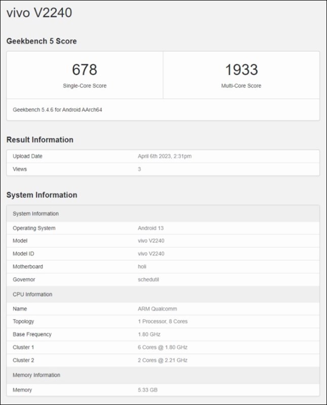 Một sản phẩm của Vivo có số model V2240 được cho là Vivo T2 5G bị lộ điểm số Geekbench