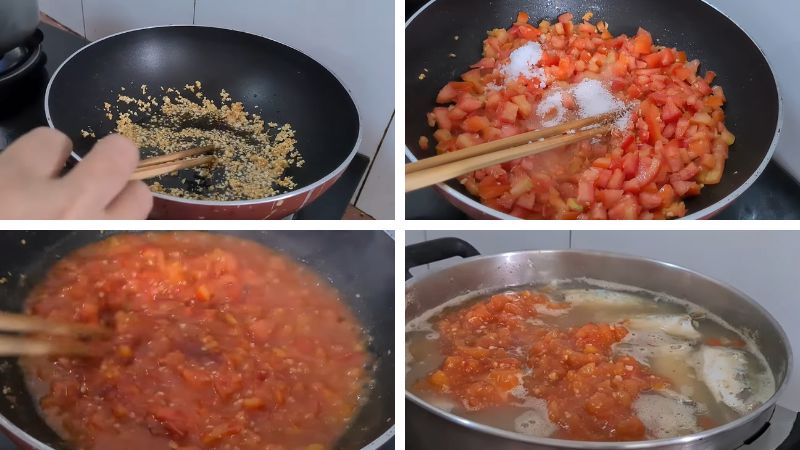 Làm sốt cà chua và cho thêm vào nồi