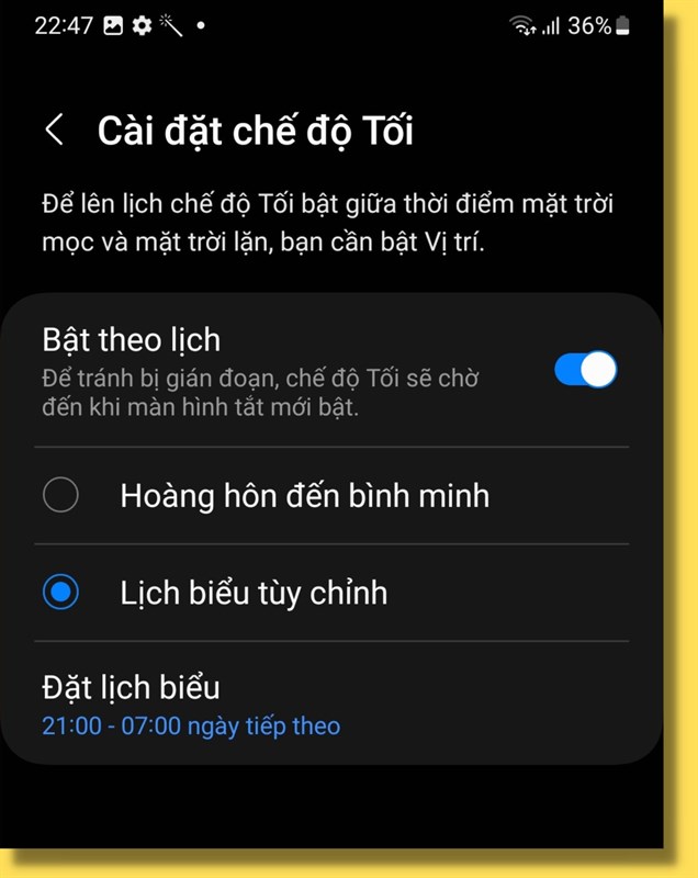 Bên cạnh đó, mình cũng kích hoạt chế độ Tối trên Galaxy A34 5G để gia tăng hiệu quả việc bảo vệ mắt.