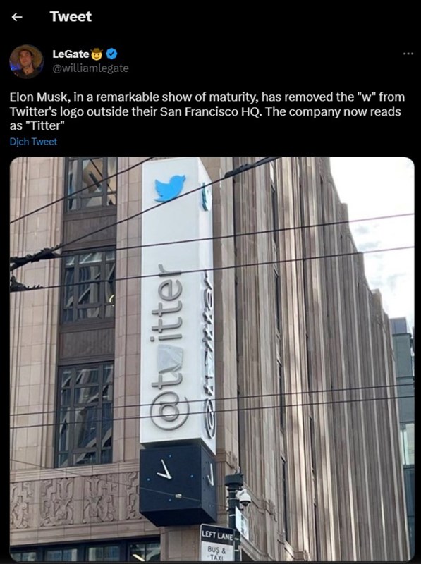 Đoạn tweet cho thấy việc Elon Musk cho sơn lại biển hiệu Twitter đã được thực hiện từ vài ngày trước