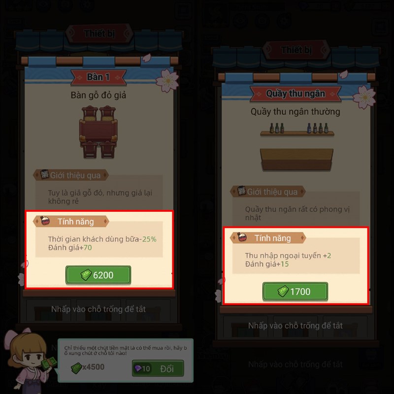 Cách kiếm điểm đánh giá thiết bị trong Tiệm Sushi Mơ Ước