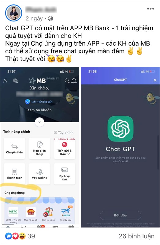 ChatGPT được tích hợp trên ứng dụng MBBank