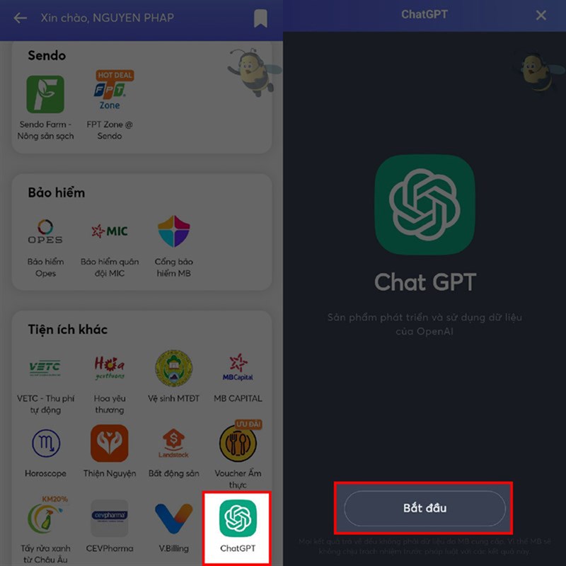 ChatGPT được tích hợp trên ứng dụng MBBank