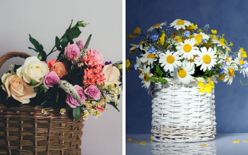 Birthday basket combining roses and chrysanthemums