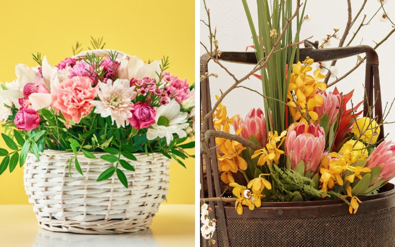 Birthday basket combining daisies and chrysanthemums