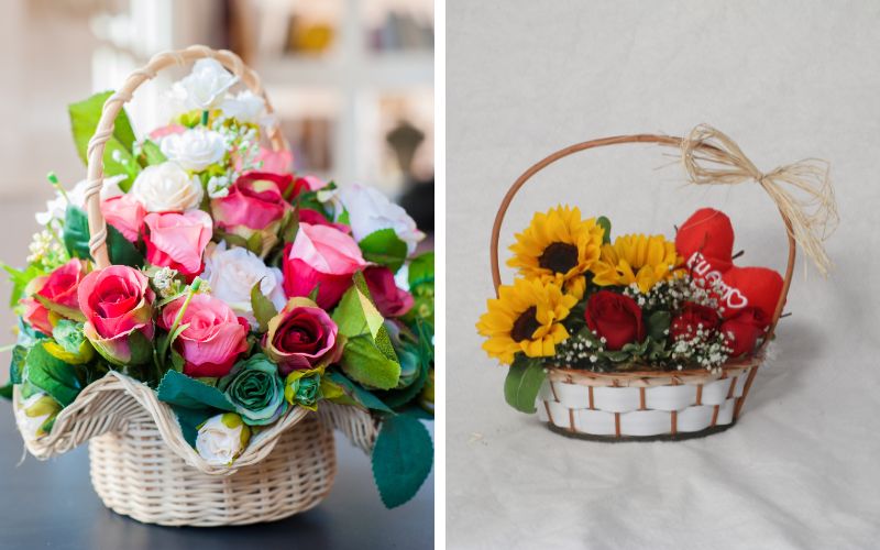 Birthday basket combining roses and sunflowers