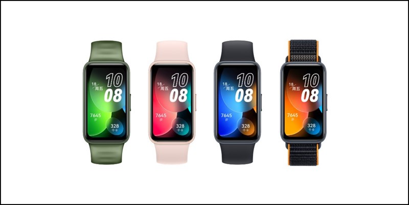 Huawei Band 8 có 4 tùy chọn màu sắc: Xanh lục, Đen và Hồng và một phiên bản dây đeo Cam và đen