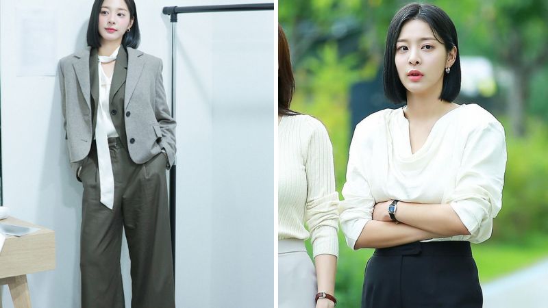Phối áo blazer lửng với quần tây lưng cao theo nhân vật Jin Young Seo trong phim “Hẹn hò chốn công sở”