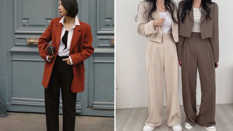 Phối áo blazer lửng với quần tây lưng cao