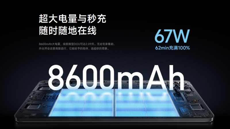 Dung lượng pin mà Xiaomi trang bị cho Xiaomi Pad 6 Pro là 8.600 mAh.