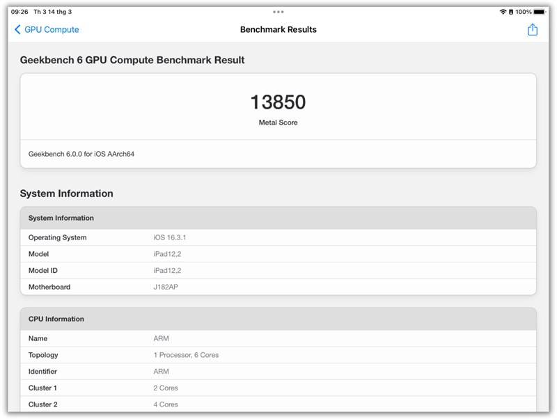 Điểm GeekBench 6 (GPU Compute) của iPad Gen 9.