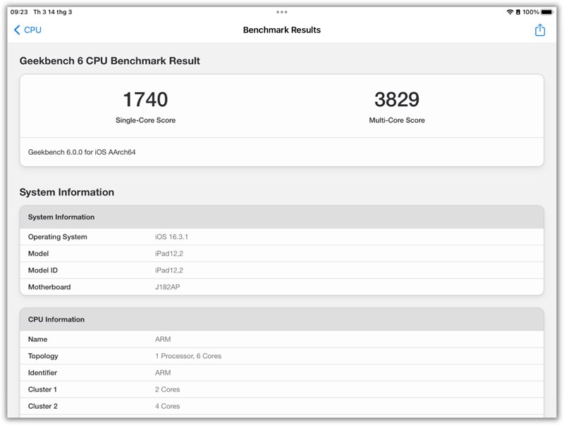 Điểm GeekBench 6 (đơn nhân/đa nhân) của iPad Gen 9.