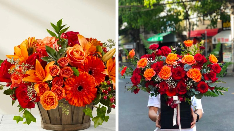 Red-orange birthday flower arrangement for dad