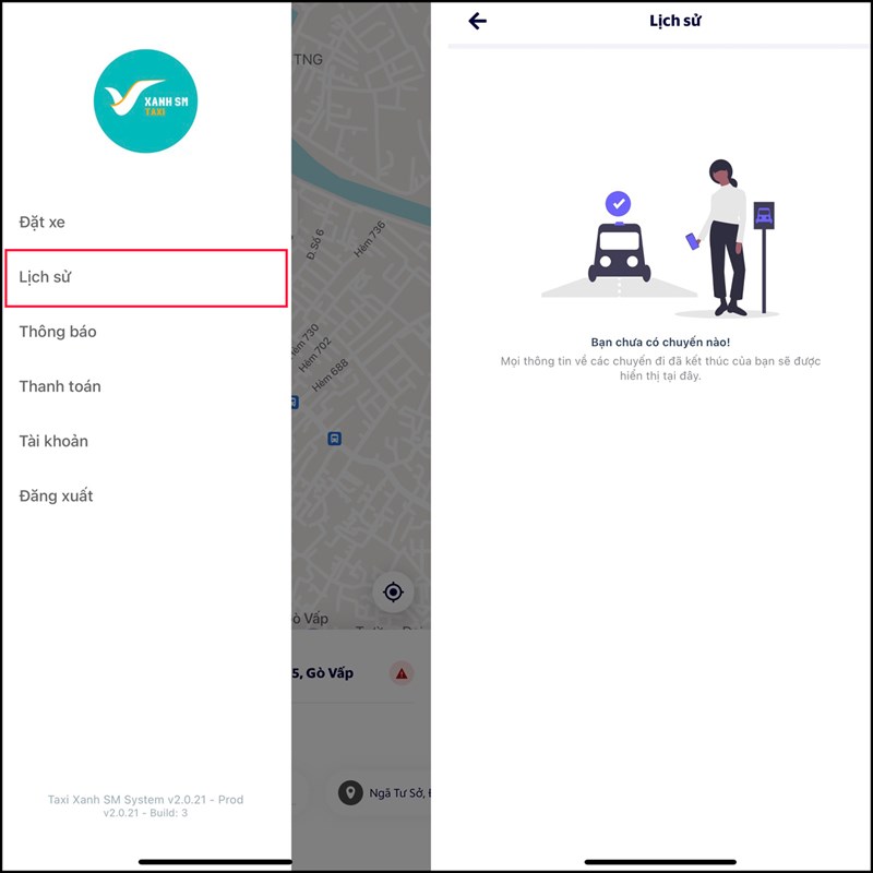 Cách xem lại lịch sử đặt xe trên Taxi Xanh SM