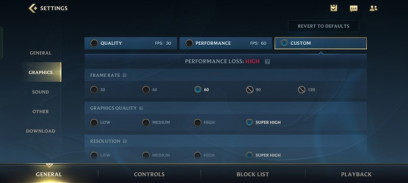 Thiết lập đồ họa LMHT: Tốc Chiến mà mình đặt được trên OPPO Reno8