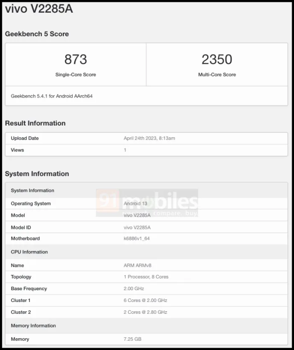 Vivo V2285A xuất hiện trên GeekBench, được cho là số model của Vivo S17 Pro