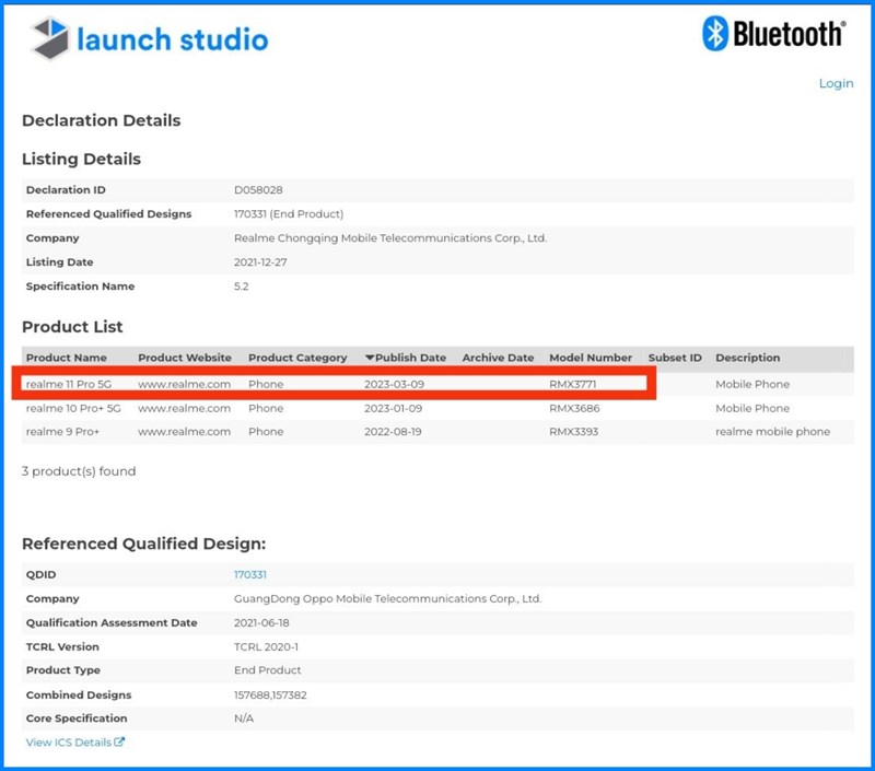 realme 11 Pro 5G (RMX3771) đạt chứng nhận Bluetooth SIG