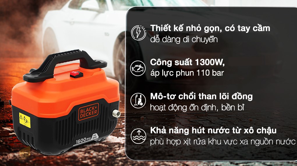 Máy rửa xe Black&Decker trang bị nhiều tiện ích tiện dụng