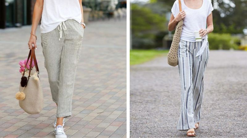 Áo phông trắng với quần chất liệu linen