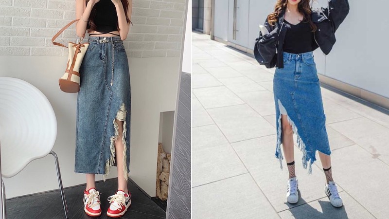 Chân váy jeans ngắn chữ a lưng cao túi rách tua rua phong cách jun store