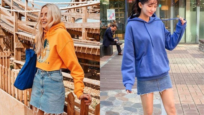 Chân váy jean dài phối với áo hoodie