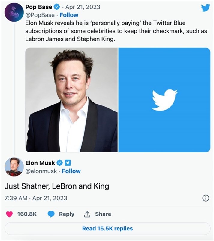 Elon Musk vừa rồi đã tặng Twitter Blue cho một số người nổi tiếng