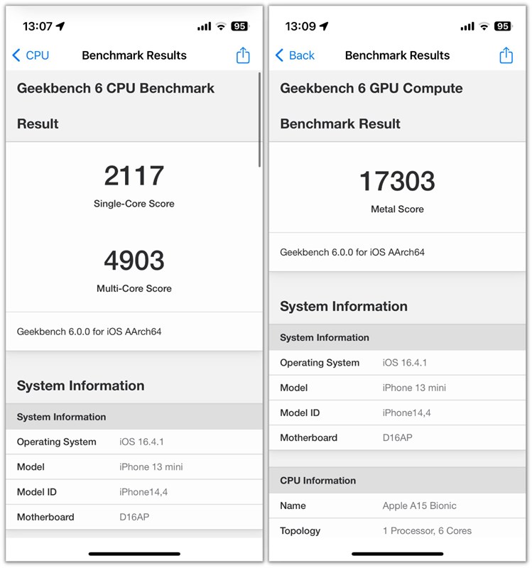 Điểm GeekBench 6 của iPhone 13 mini.