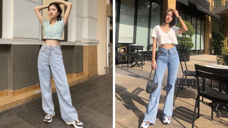 Áo croptop form rộng với quần ống loe