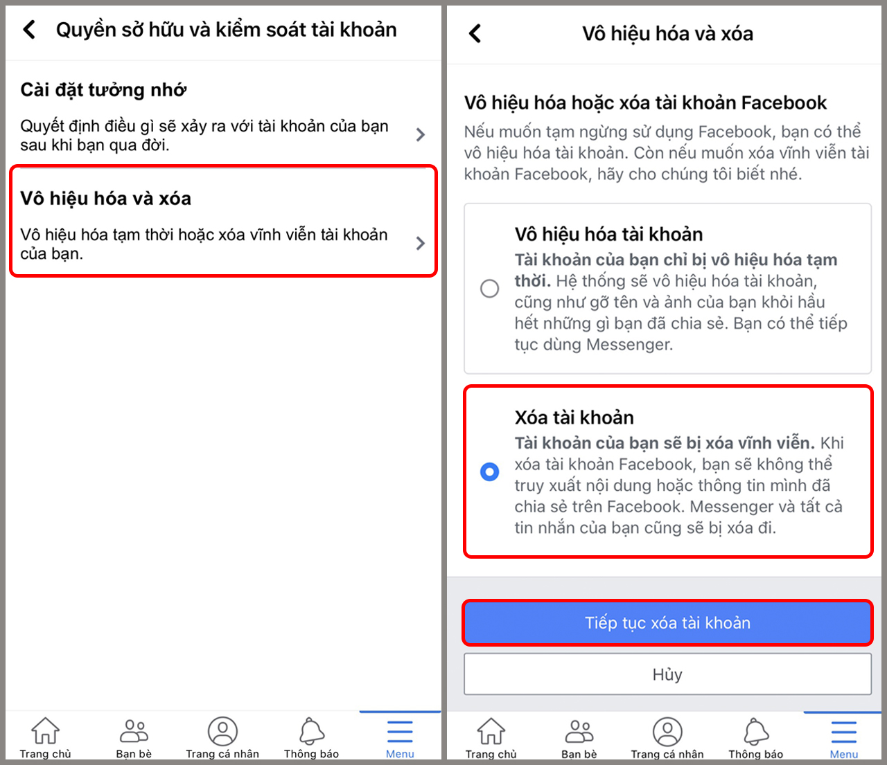 Cách xóa tài khoản Facebook trên iPhone