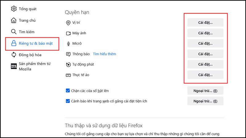 Cách chỉnh quyền truy cập trên Firefox