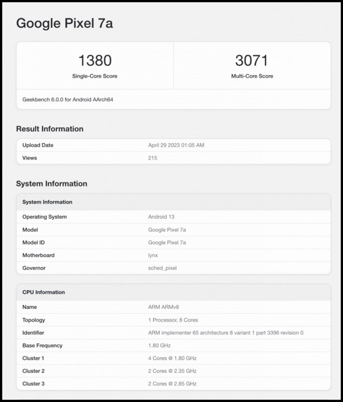 Google Pixel 7a xuất hiện trên Geekbench