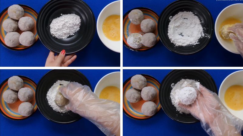 Tẩm phần khoai môn bọc trứng với bột và trứng gà