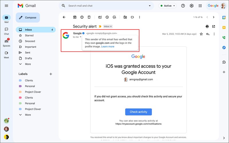 Gmail bắt đầu hiển thị tích xanh cho người gửi xác thực