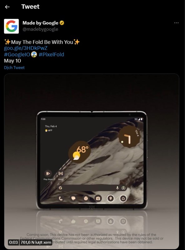 Bài viết đăng tải về Google Pixel Fold trên mạng xã hội Twitter