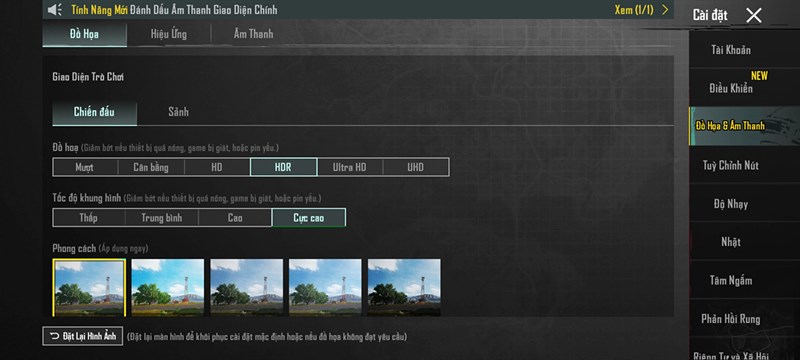 Thiết lập đồ họa PUBG Mobile mà mình đặt được trên Galaxy A73 5G