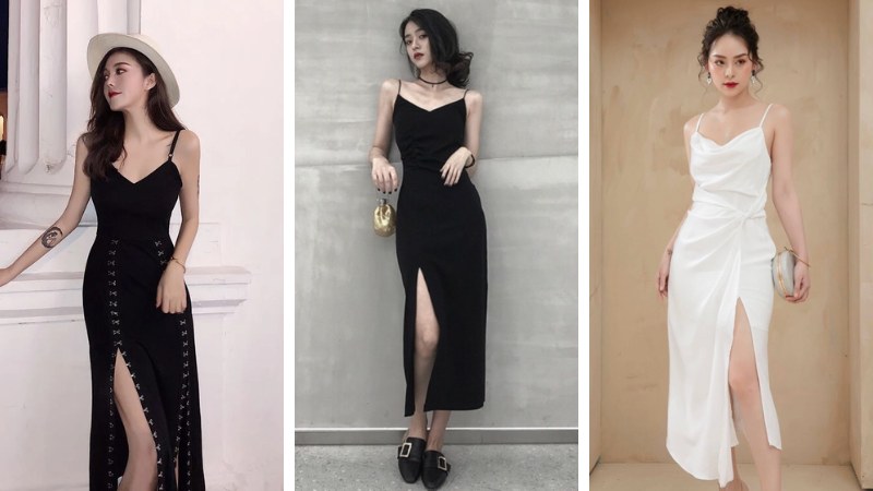 Đầm hai dây xẻ tà