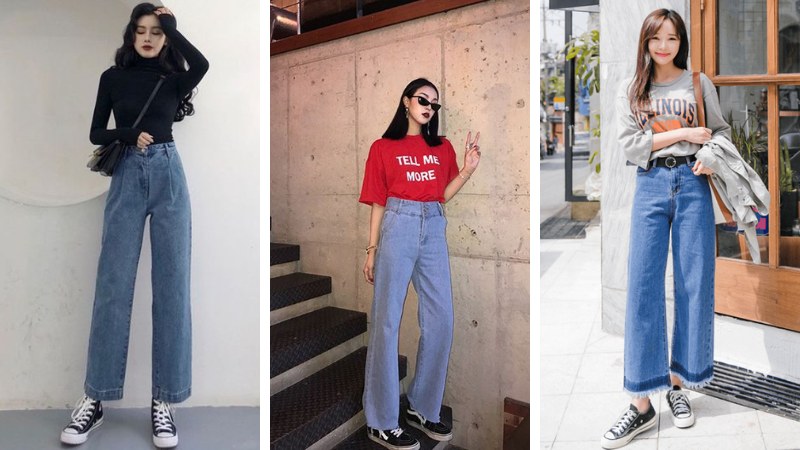 Quần jeans ống rộng và áo thun
